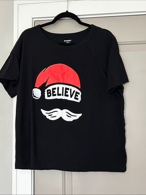 Old Navy Graphic Tee with “BELIEVE” Santa Hat & Mustache